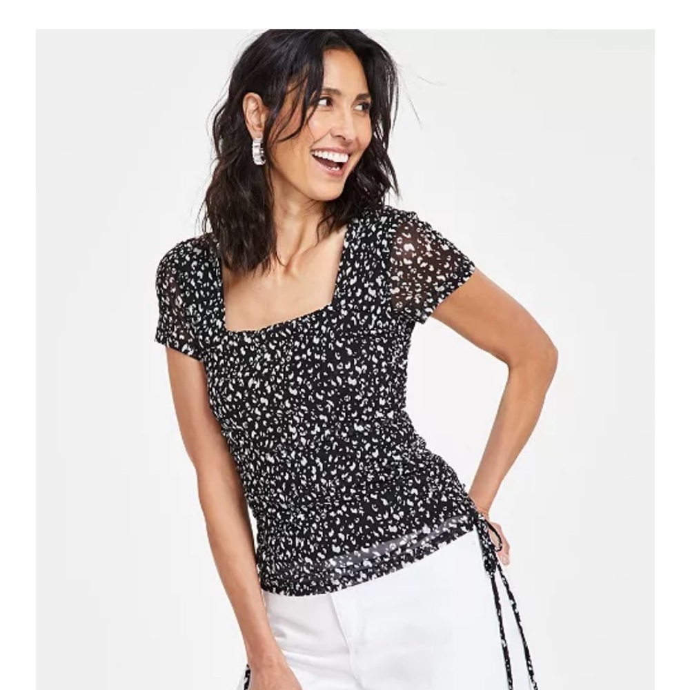 NWT INC International Concepts Black and White Square Neck Ruched Side Blouse